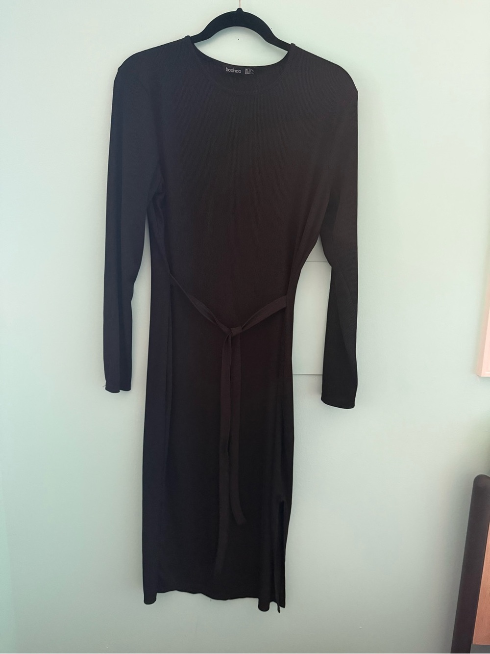 Boohoo Black Long Sleeve Midi Dress with Waist Tie Accent